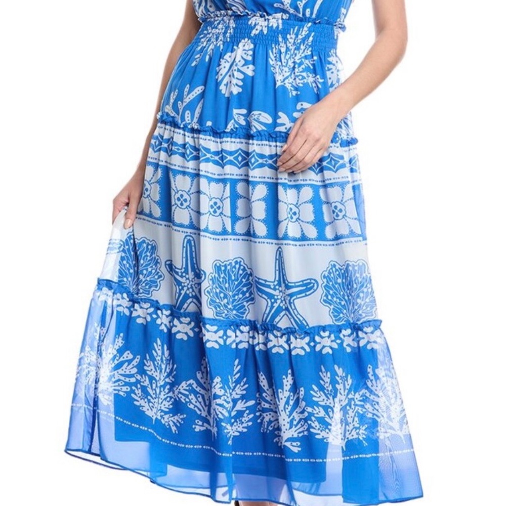 Taylor Royal Blue and White Floral One-Shoulder Maxi Dress Size 4.